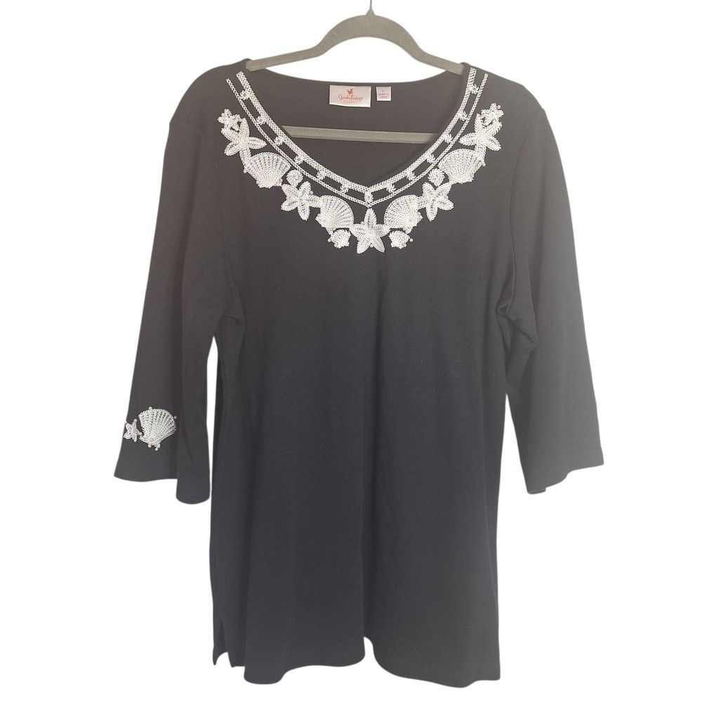 Quaker Factory Seashell Embroidered Tunic Top Coastal Nautical Large Womens